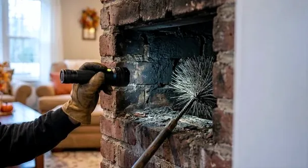 Checking the draft inside a Lakewood fireplace with a flashlight