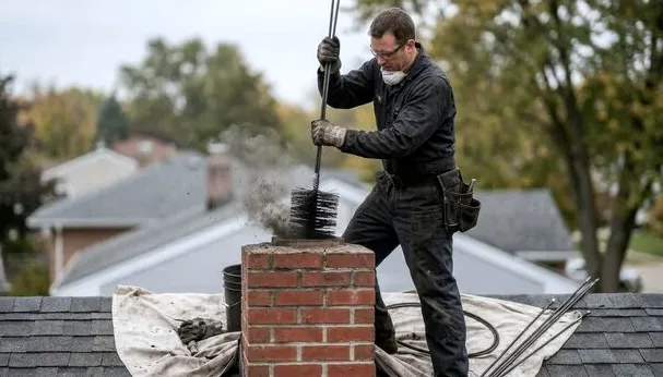 Chimney sweep working on a roof with the Lakewood foothills behind