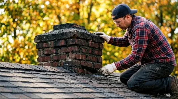 Mason checking a cracked chimney top on a Green Mountain home