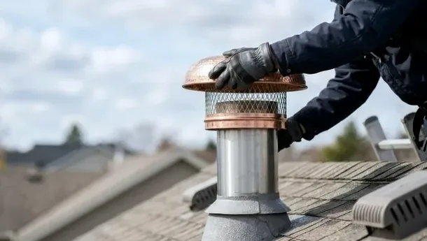 Fitting a spark arrestor chimney cap on a Golden, Colorado home